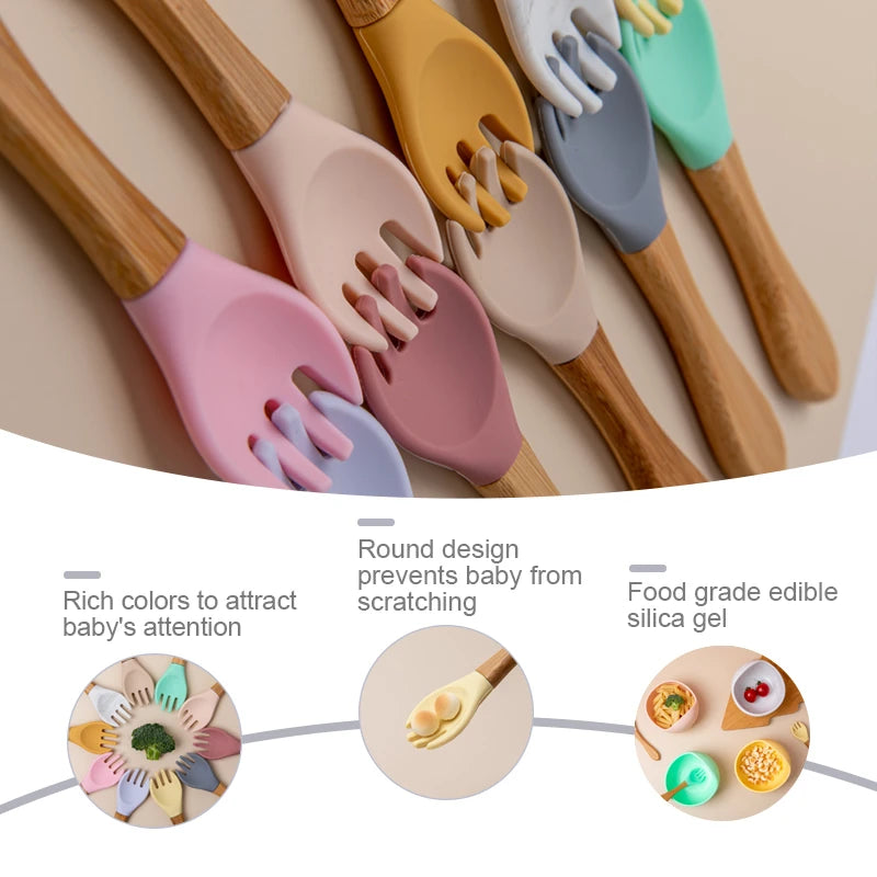 1PCS Baby Bamboo Fork Silicone Wooden